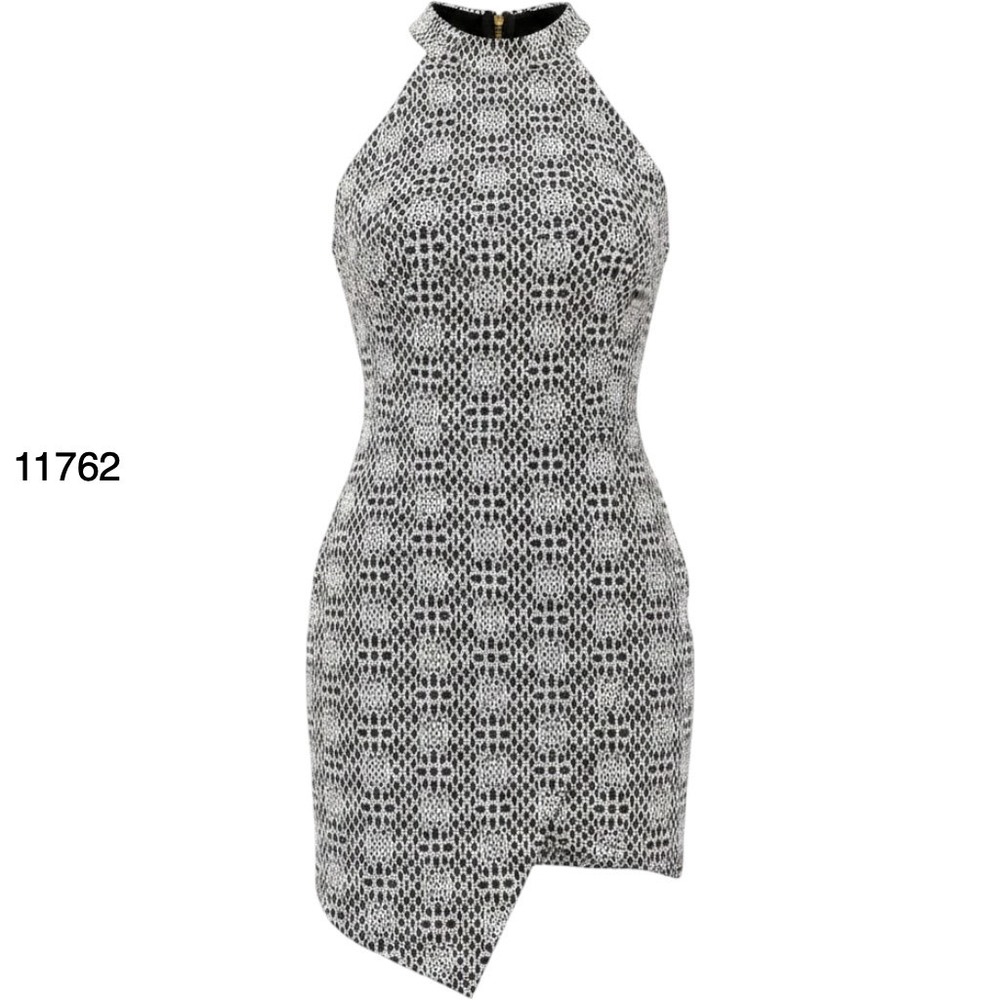 Papaya Black White Lace Halter Bodycon Mini Dress Asymmetrical Hem CD20999 Large